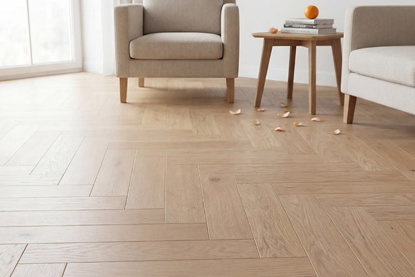 Светлая гостиная с паркетной доской Oak Malta HB — укладка «ёлочка», общий вид пола и мебели