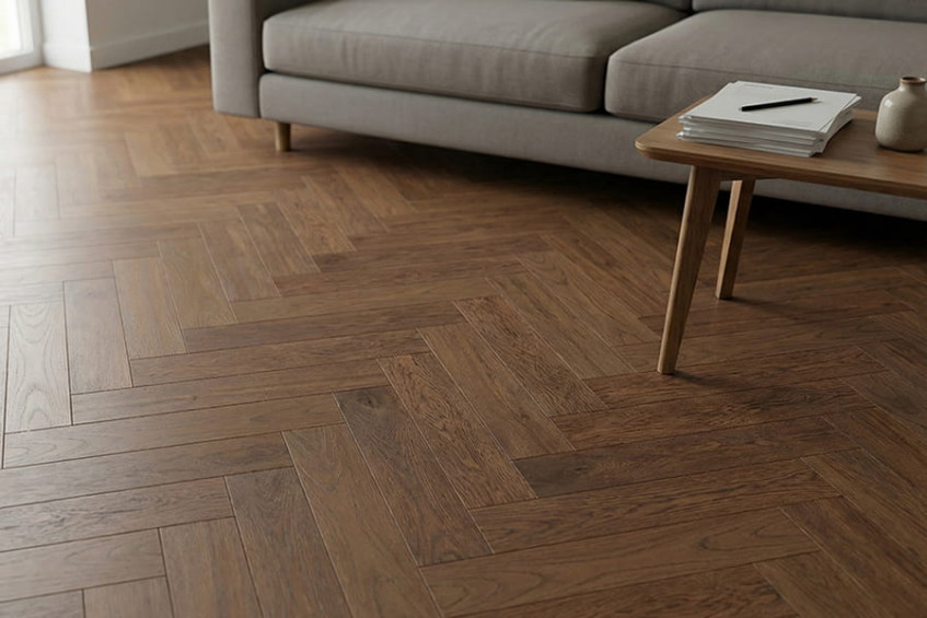 Интерьер с диваном: дубовый паркетный пол Oak Positano HB в «ёлочке», общий вид зоны у мебели