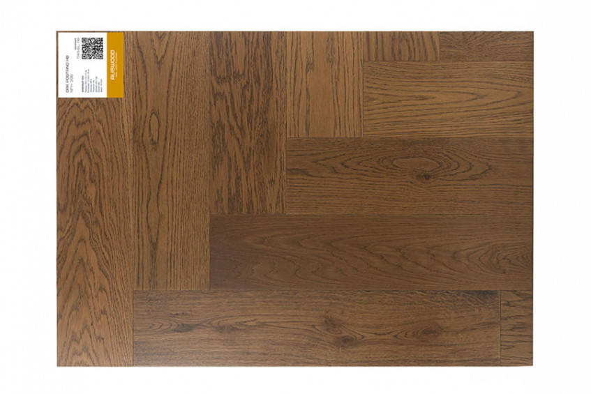 Образец укладки паркетной доски «ёлочка» Oak Positano HB на щите с шильдиком в углу, фото сверху