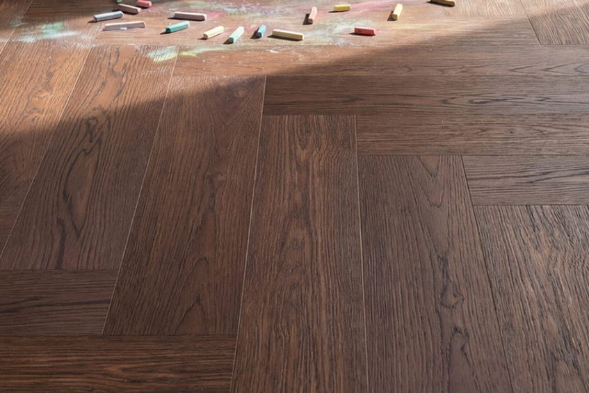 Фрагмент пола Oak Rodos HB «ёлочка» — крупный план стыков, на поверхности рассыпаны мелкие детали