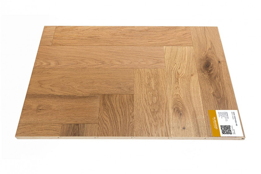 Паркетная доска щит-образец Oak Paphos HB на белом фоне - готовая «ёлочка», фото товара с маркировкой