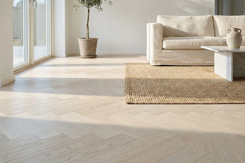 Современный интерьер: пол AUSWOOD Oak Elba HB «ёлочка», светлый дуб, панорамный вид комнаты